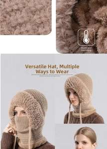 Close-up of winter knit hooded scarf showing thick fleece lining and warm neck protection