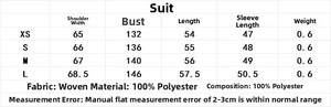 Size chart for women's bomber jacket and pants showing polyester fabric measurements