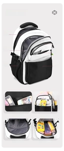 Detail view of large capacity school backpack with multiple storage compartments and anti-theft pocket