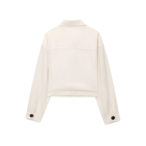 Back view of minimalist cream cropped jacket with long sleeves and black buttoned cuffs
