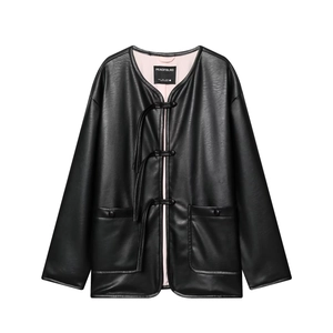 Women PU Leather Jacket New Chinese Style Frog Button Round Neck Long Sleeve Coat With Pockets Fashionable Outerwear