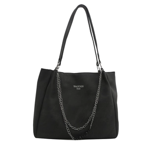 Vintage black matte tote bag with silver chain straps and tidal lettering design