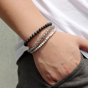 Three-piece men's bracelet set with natural stone beads and silver stainless steel chain
