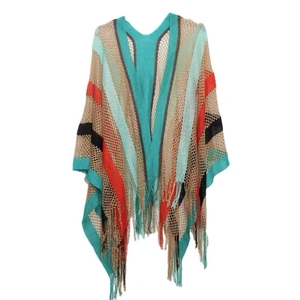 Women's colorful striped crochet knit poncho with fringe details on white background