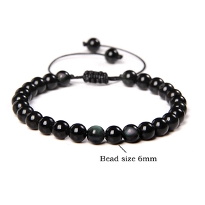 Handmade 6mm natural tiger eye stone beaded bracelet with adjustable black braided cord
