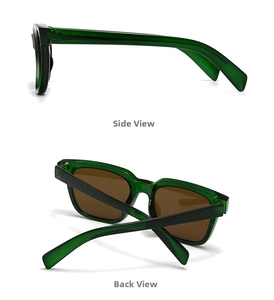 Side and back view of dark green square sunglasses with brown lenses and thick frames