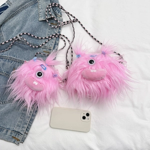 Pink furry monster crossbody bags in two sizes with plaid straps and cute monster faces