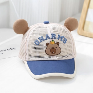 Detail of blue toddler sun hat with mesh fabric and cute 3D bear ears on top