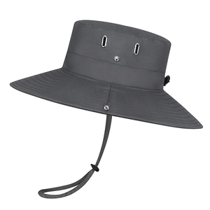 Unisex dark grey wide brim sun hat with ventilation holes and adjustable chin strap