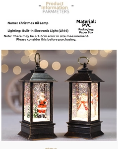 Detail of Christmas lantern with Santa and snowman figurines in a warm festive glow