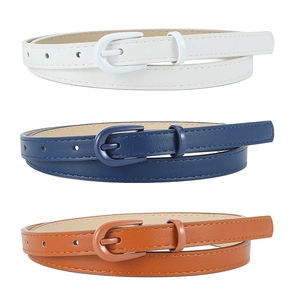 Set of three fashion leather belts in white, navy blue, and brown with metal buckles