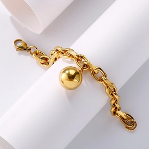 Minimalist gold stainless steel thick chain bracelet with a polished hollow ball charm