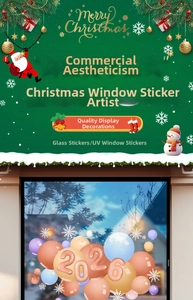 Detail of 2026 festive glass window stickers with 3D balloons and white snowflakes