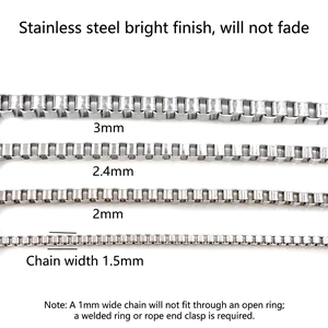 Detailed comparison of 1.5mm to 3mm stainless steel box chains on a white background