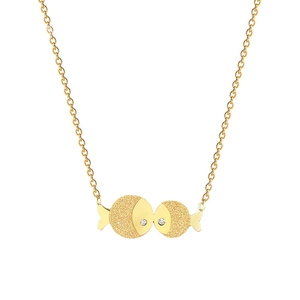 Minimalist titanium steel gold necklace featuring a matte kissing fish pendant with crystals