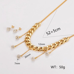 Vintage stainless steel Cuban chain jewelry set with rhinestone sphere tassels in gold