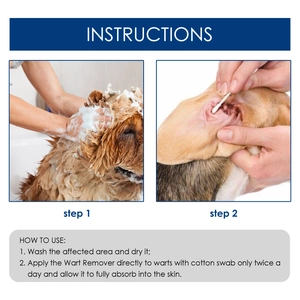 Instruction guide for pet wart remover showing application steps twice daily for dogs