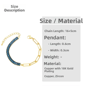 Detailed size chart for 18K gold-plated paperclip chain bracelet with blue zircon