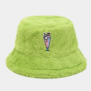 Neon green plush bucket hat featuring creative cartoon embroidery in a centered product shot