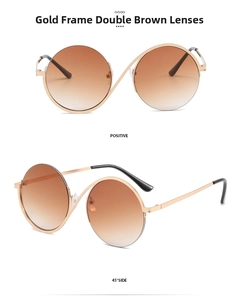 Macro view of retro round metal anti-blue light glasses with gold frames and brown lenses