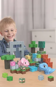 Boy playing with 25mm magnetic cubes and dinosaur toy models in a cozy home setting