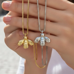 Minimalist 18K gold and silver plated bee pendant necklaces with detailed wings on bead chain