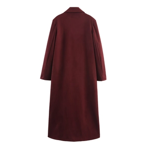 Women's burgundy long sleeve wool blend coat in an elegant oversized British style