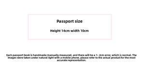 Detailed size specifications of embroidered star passport holder measuring 14cm by 10cm