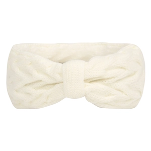 Close-up of white knitted ear warmer headband showing thick wool texture and twist detail