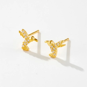 Minimalist 925 sterling silver hummingbird stud earrings with gold plating and white zircons