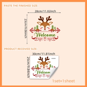 Cartoon Christmas Reindeer Welcome Wall Sticker with DIY Assembly Guide and Dimensions