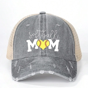 Detail of Softball Mom hat with distressed wash and heart-shaped softball graphic