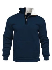Detail of navy waffle knit texture on men's half-zip sweatshirt with M size label