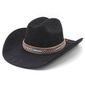 Ethnic western cowboy hat in black faux suede with bohemian geometric woven band decoration