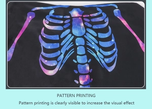 Close-up of skeleton pattern with colorful galaxy texture on high-quality fabric
