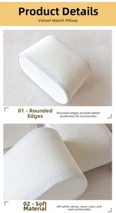 Macro detail of soft cream velvet watch display pillow with rounded corner edges