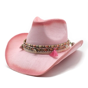 Western Cowboy Straw Hat For Women Men Paper Straw Wide Brim Summer Beach Sun Protection Bohemian Gradient Tassels Shells