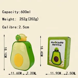 Cute avocado-shaped plastic water bottle with straw and 600ml capacity in gift box