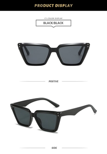 Front and side view of black cat-eye sunglasses with polished frames and dark lenses