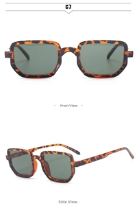 Detail view of tortoiseshell square sunglasses with dark green lenses in C7 style