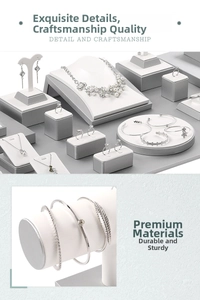 Detail view of modern jewelry display set with white leather inserts and grey brushed frames