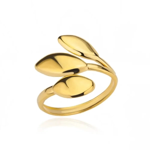 Detail of 18k gold plated clover open ring featuring a polished mirror finish on white background