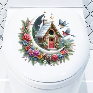Christmas Snow House and Moon toilet lid sticker with floral and bird illustrations