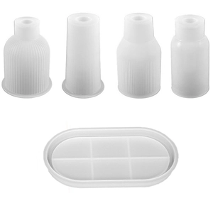 5-piece silicone resin mold set featuring diverse textured vases and an oval storage tray
