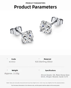 Detailed spec chart of S925 sterling silver stud earrings with 6mm 5A zirconia stones