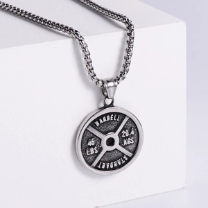 Vintage silver barbell pendant necklace in stainless steel with a classic box chain