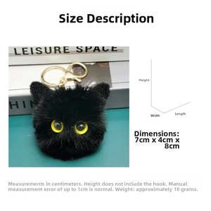 Detailed size chart showing a 7x4x8cm black plush cat keychain with golden clasp