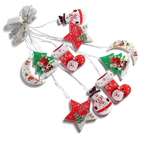 Festive Christmas LED string lights with colorful snowman and star pendants on white background