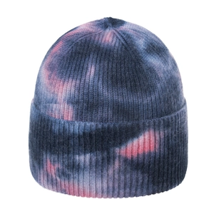 Detailed close-up of the vertical ribbed knit texture on a tie-dye beanie
