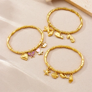 Gold Plated Stainless Steel Bangle Bracelet Bamboo Joint Design With Ocean Sea Life Fruit Charms Fashion Jewelry For Women